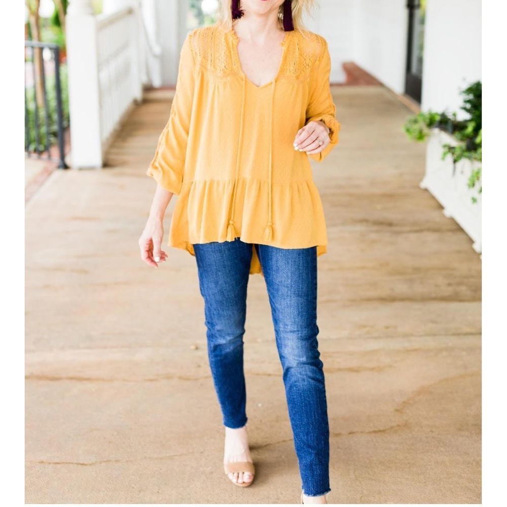 American Eagle Lace Inset Long Sleeve Tunic Mustard Yellow Sz XS Boho